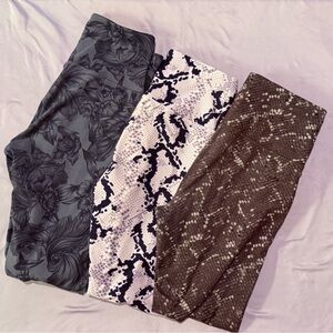 Three Printed Leggings Set - Floral, Snake, and Brown Snakeskin Prints